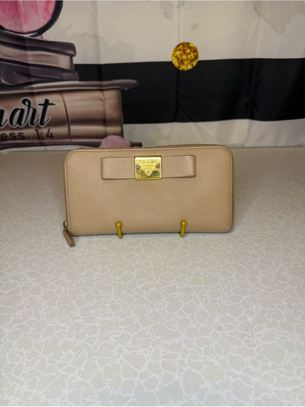 Prada Beige Zip-Around Wallet with Bow Accent